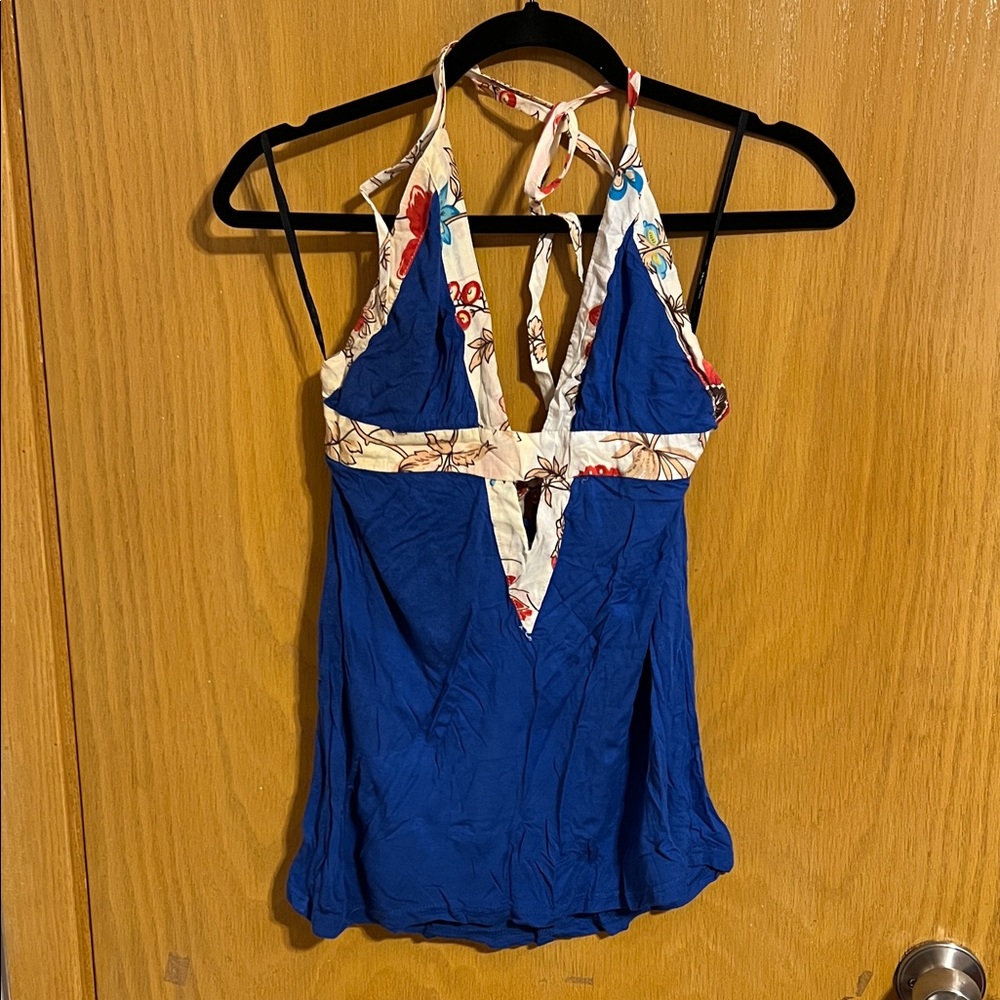 Muui Blue Floral Halter Tank Top